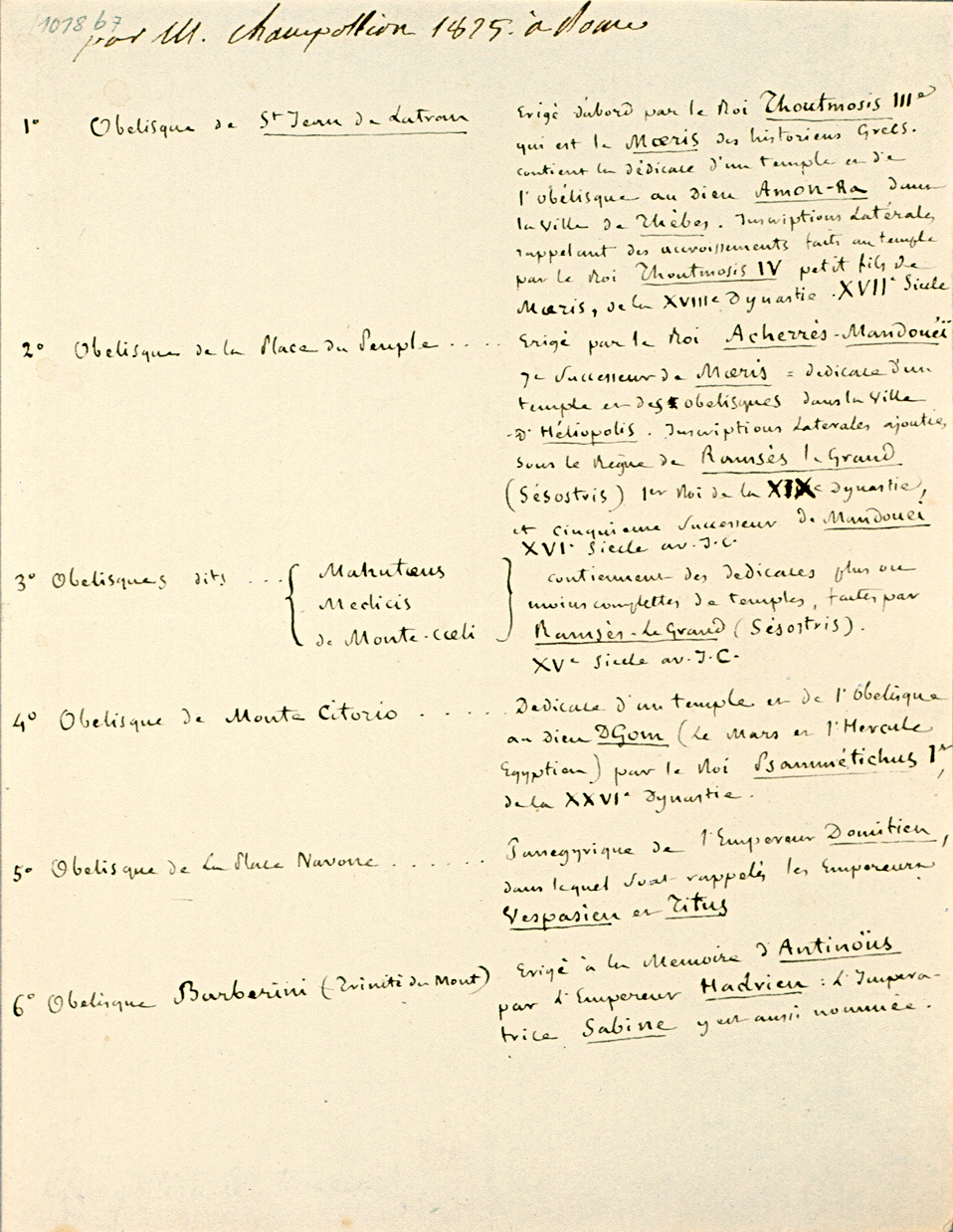 Liste d’obélisques de Rome. 1 p. in 8°. Mariemont, Farde 1018b, 7 ; n° 3196. 1825.